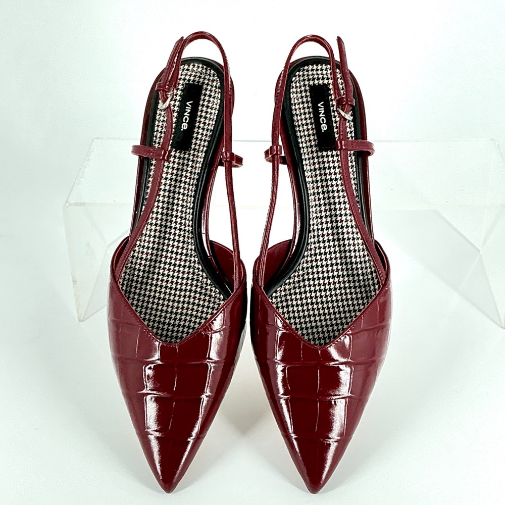 Vince Size 8.5 Burgundy Croc Print Leather Slingback Kitten Heels NEW Pumps $375 - Picture 3 of 16